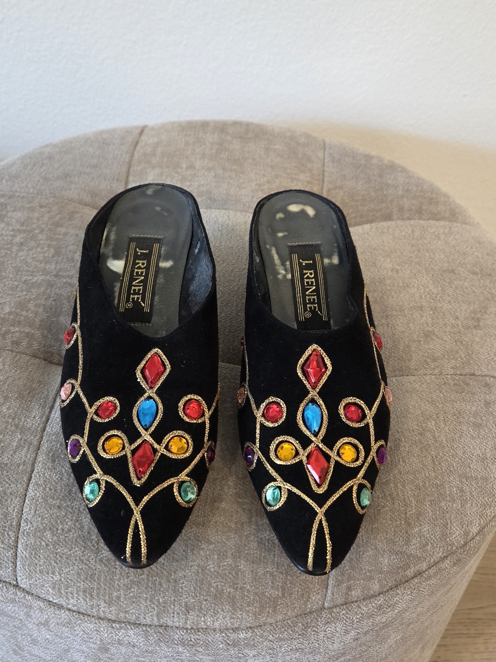 J.Renee Black Velvet Slip-On Mules with Multicolored Jewel Accents